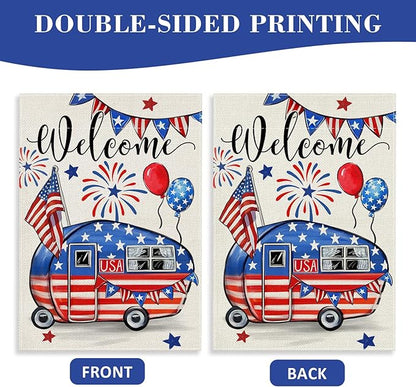 Welcome 4th of July Camping Patriotic Decorative Garden Flag, America USA Stars Stripes Camper RV Yard Outside Decorations, American Campsite Outdoor Small Home Decor Double Sided 12 x 18