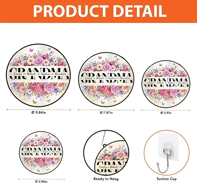 Personalized Grandma Floral Suncatcher, Custom Grandchildren Names Round Window Hanging, Stained Glass Style Flower Ornament, Mother’s Day Keepsake Decor for Grandma