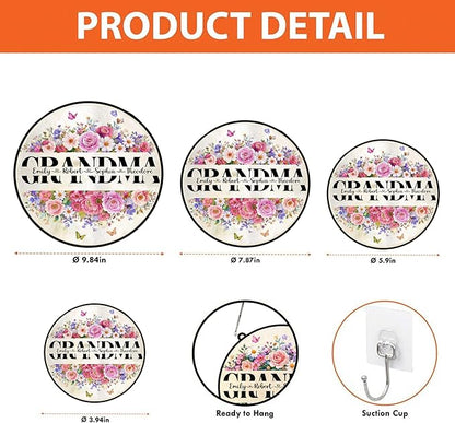 Personalized Grandma Floral Suncatcher, Custom Grandchildren Names Round Window Hanging, Stained Glass Style Flower Ornament, Mother’s Day Keepsake Decor for Grandma