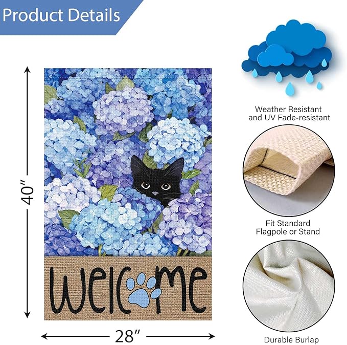 Louise Maelys Spring Summer Garden Flag Black Cat Hydrangea Flower Welcome Double Sided 28x40 Inch Floral Paw Print Seasonal Large Burlap Holiday Yard Outdoor Outside House Decor