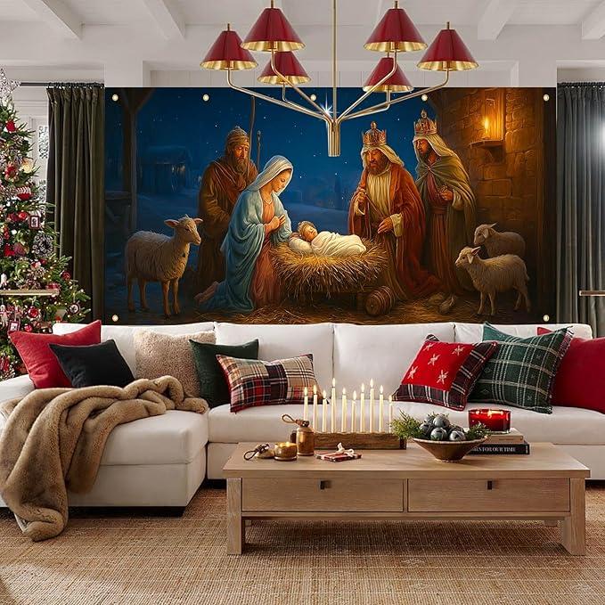HOMETITUTE Nativity Scene Garage Door Banner 13x6ft Baby Jesus Backdrop with light Animals Stable Religious Christmas Yard Decor for Outdoor Wall Mural Holiday Display