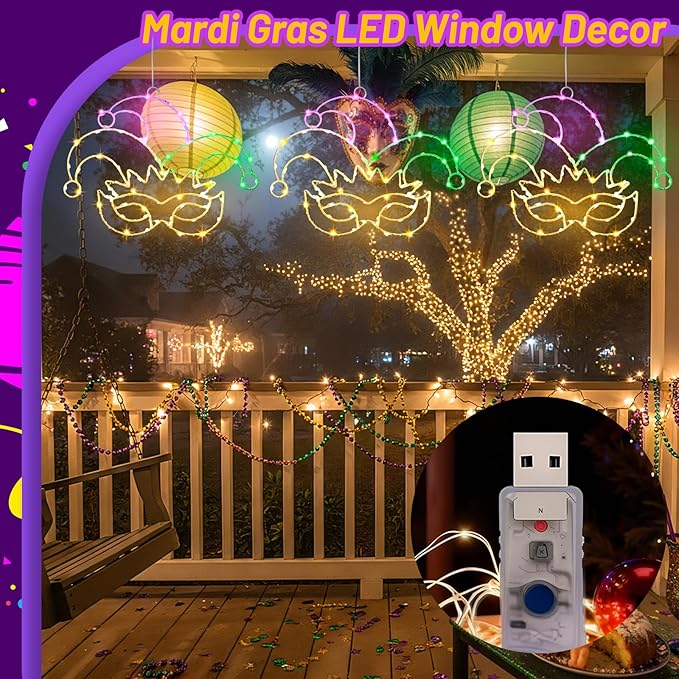 Baquler Mardi Gras Window Lights 13.5 Inch Mardi Gras Window Decorations Jester Mask Hanging Light up USB Powered with Timer and 8 Lighting Modes for Home Wall Indoor Outdoor Decor