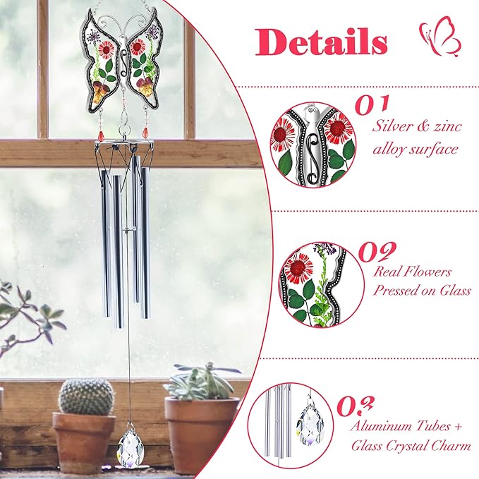 KY&BOSAM Big Butterfly Wind Chime with Crystal Sympathy Wind Spinner Memorial Wind Chime for Loss of Loved One Bereavement Sympathy Memorial Gift for Loss of Mother Father Home Garden Decor