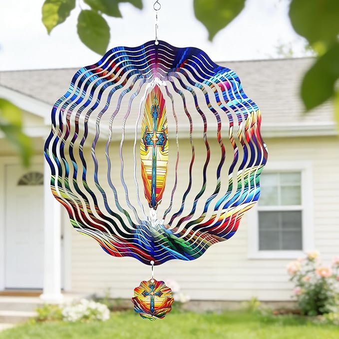 Cross Wind Spinner Outdoor - 12 Inch 3D Christian Cross Hanging Decor, Colorful Christian Metal Spinner Gift, Kinetic Yard Art Ornament for Garden Patio Porch Lawn