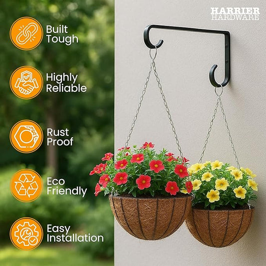 Harrier Hardware Metal Plant Hangers Outdoor - Wall Mounted Hanging Plant Bracket, 6 Inches, Set of 2, Ideal for Small Plants, Bird Feeders, Wind Chimes (Black)