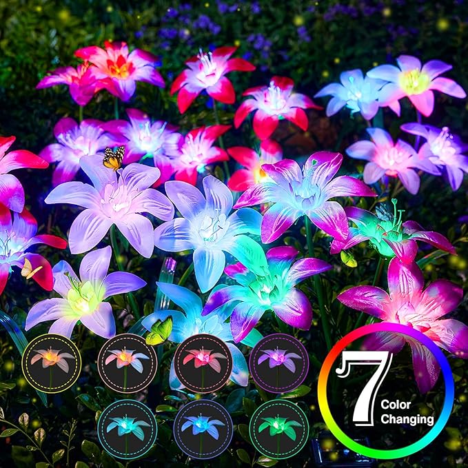 Ahaorigin Solar Garden Lights Outdoor, 8 Pack Blooming Lily Solar Flowers Outdoor Waterproof, 7 Color Changing Bigger Flower Lights for Yard Patio Decor, Gift for Mom