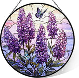 Lavender Stained Glass Window Hanging, 7.9" Lavender Butterfly Sun Catcher Glass Panel with Chain, Lavenders Gifts Hand Painted Round Wall Art Gifts for Women, Lavenders Decor Housewarming Gift