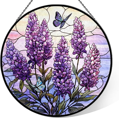 Lavender Stained Glass Window Hanging, 7.9" Lavender Butterfly Sun Catcher Glass Panel with Chain, Lavenders Gifts Hand Painted Round Wall Art Gifts for Women, Lavenders Decor Housewarming Gift