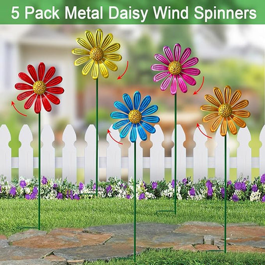 Wind Spinners Garden Decor,5 Pack Colorful Daisy Garden Stakes for Outdoor Decorations,Metal Wind Spinner Yard Stake for Patio,Lawn