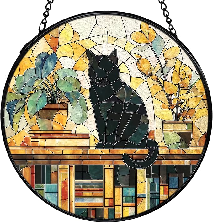 Black Cat Gifts, Cat Suncatchers Stained Glass Window Hanging, Cats Gifts for Women, Book Sun Catchers Indoor Window Glass Round Wall Decor, 7.9x7.9in