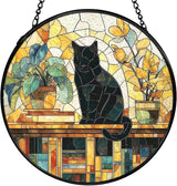 Black Cat Gifts, Cat Suncatchers Stained Glass Window Hanging, Cats Gifts for Women, Book Sun Catchers Indoor Window Glass Round Wall Decor, 7.9x7.9in