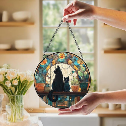 Black Cat Book Lovers Stained Glass Window Hanging, Book Lovers Reader Gifts Suncatchers Sun Catchers Indoor Window Glass Wall Art Decorations, Black Cat Gifts for Women, 7.9x7.9in, Patio