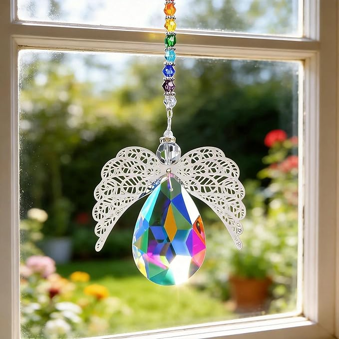 HDCRYSTALGIFTS 14'' Haning Crystal Guardian Angel Suncatcher Glass Angel Ornaments for Christmas Tree Rainbow Maker Prisms Sun Catcher for Window Home Decor (AB Color)