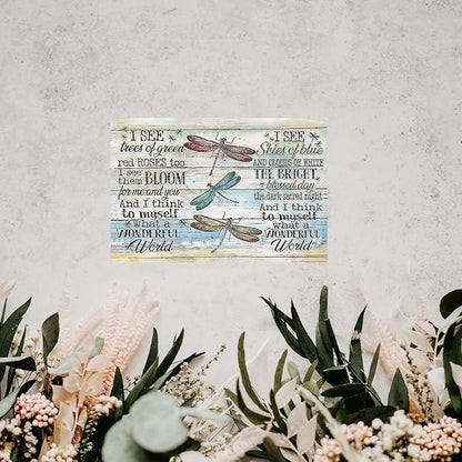 Dragonfly Tin Sign Metal Poster Vintage, What a Wonderful World, Wall Art Decor Gifts for Home Bar Kitchen Restaurant Bedroom Garden Plaque 8x12 Inch