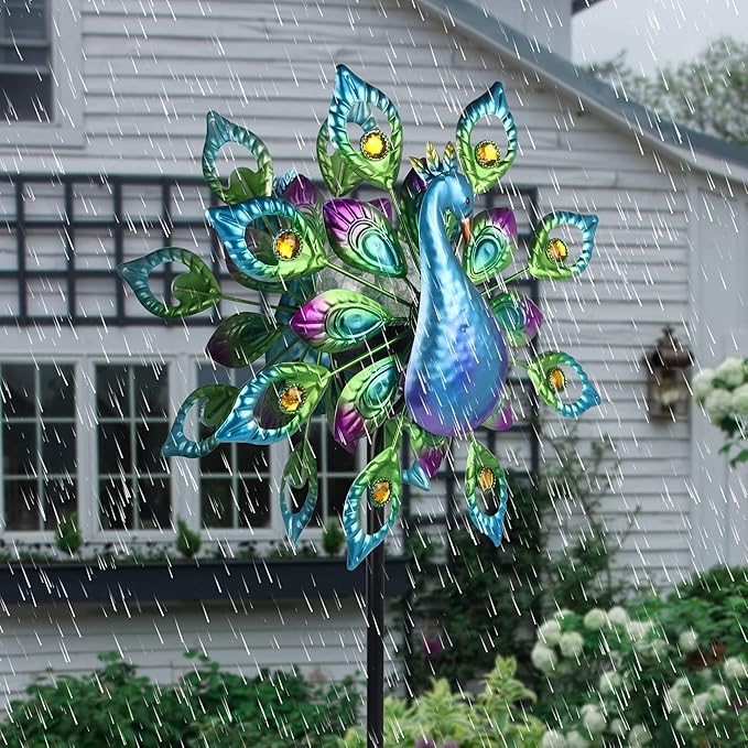 Peacock Solar Wind Spinner, 62Inch Double Wind Sculpture with Color Changing LED Light, Wind Sculptures & Spinners Outdoor Metal Stake Yard Spinners