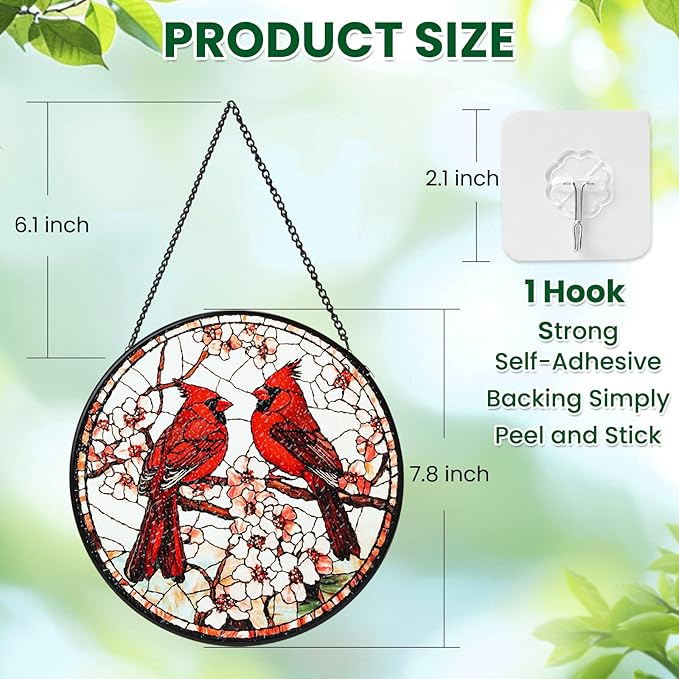 Cardinal Stained Glass Window Hanging Sun Catcher Glass Panel with Metal Chain and Hook Suncatcher Indoor Window Decor Home Garden Decoration Gift for Bird Lovers Women Mother's Day Christmas