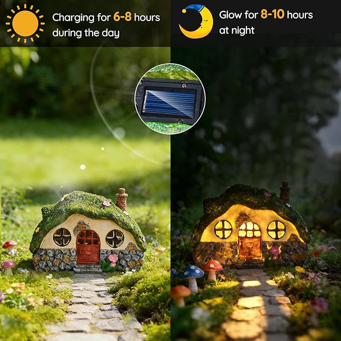 Solar Fairy Garden House, Outdoor Resin Statues, Outdoor Figurine Lights, Fairy Houses for Outside, Garden Statues House, for Patio, Yard, Balcony Decoration