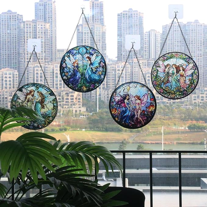 Flower Fairies Stained Glass Window Hanging, Flower Fairy in Wonderland Sun Catcher Spring Summer Garden Decor Gift for Girls, Mom, Grandma (C, 8"/20cm)