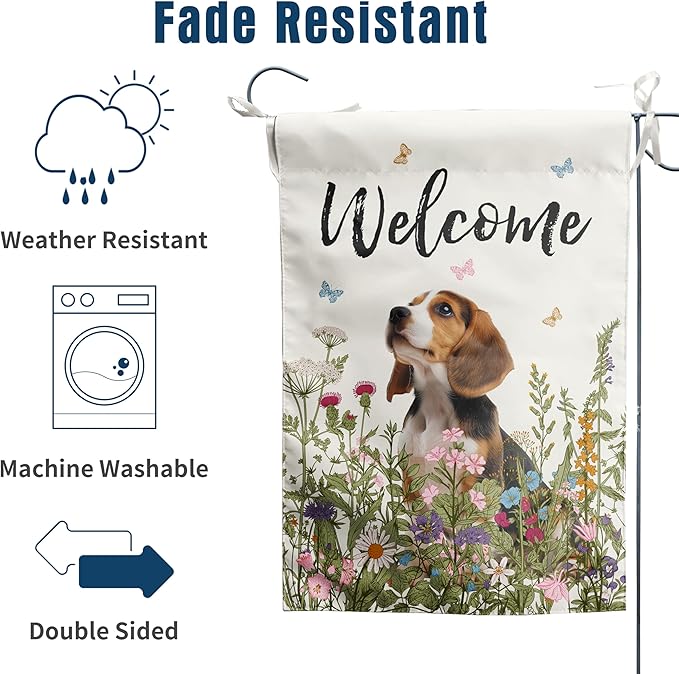 Spring Summer Garden Flag Floral Beagle Yard Flag Flower Dog Garden Flags for Outside Small Outdoor Welcome Flags 12x18 Double Sided