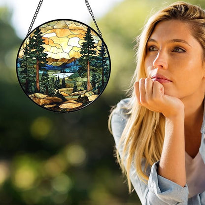 Stained Glass Window Hanging Forest Lake Mountain Sunset 6.3" - Suncatcher Door Garden Sunroom Sun Catcher Home Decor Birthday Christmas for Mom Men Woman Nana Friend