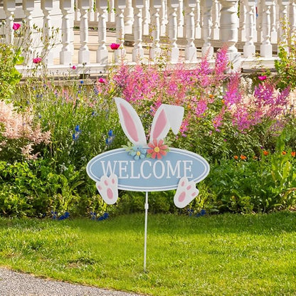 Easter Decorations Outdoor Metal Welcome Bunny Decorative Garden Stakes Easter Decor Outdoor 3D Spring Yard Decor Farmhouse Rabbit for Home Outside Lawn Front Porch Happy Easter Yard Sign