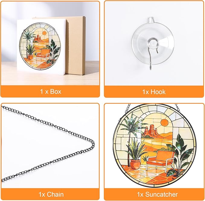Hanging Stained Glass for Windows,20cm/7.87inch Desert Sunset Stained Glass Suncatcher with Chain Garden Diamond Glass Panel Hangings Decoration for Home Decor Gifts for Family Friends Colleagues