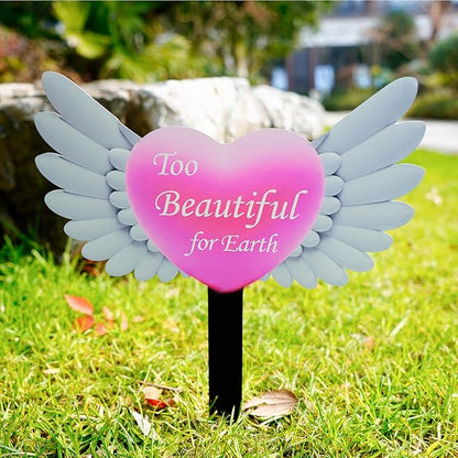 Angel Heart Memorial Grave Stake with Too Beautiful for Earth - Metal Sympathy Grave Marker, Rust-Resistant Outdoor Cemetery Decoration(Heart Angel)