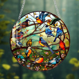 Stained Glass Window Hanging Suncatcher – Paint Cardinal & Hummingbird Panel, Round Glass Ornament, Birds on a Branch Nature Decor, Colorful Gift for Bird Lovers, Family, and Friends 5.9x5.9 in