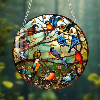 Stained Glass Window Hanging Suncatcher – Paint Cardinal & Hummingbird Panel, Round Glass Ornament, Birds on a Branch Nature Decor, Colorful Gift for Bird Lovers, Family, and Friends 5.9x5.9 in