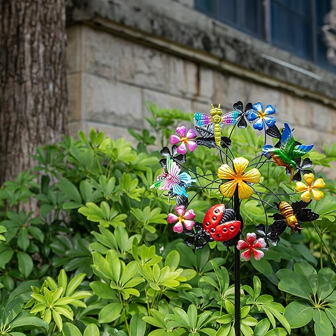 Flower Wind Spinners Outdoor, Metal Windmill with Hummingbirds, Butterflies and Bees, Pinwheels for Yard and Garden