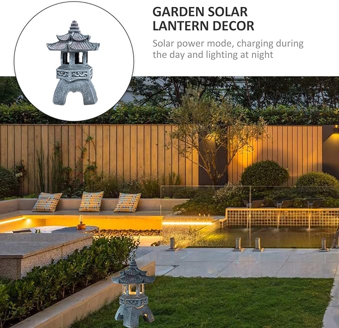 Yardwe Solar Pagoda Lantern Garden Statue Indoor Outdoor Zen Asian Decor for Landscape Balcony Garden Patio Porch Yard Ornament Grey