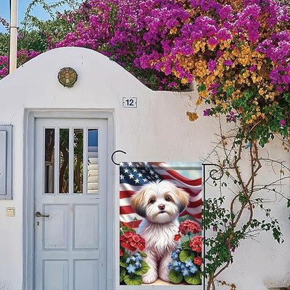 Starlit Patio 4th of July Garden Flag 12x18 Double Sided Maltese Dog Welcome American USA Patriotic Garden Flags for Memorial Day Independence Day Outdoor Decor Outside Decoration Yard Flag