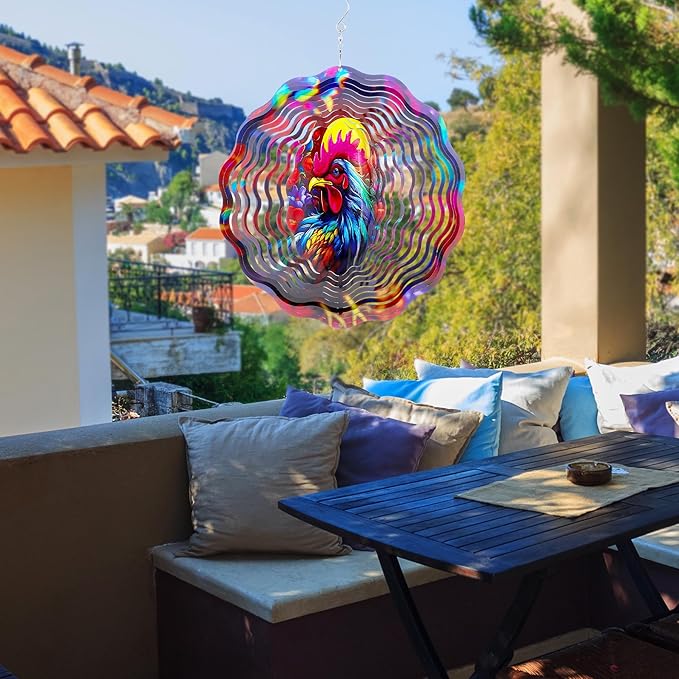 Metal Wind Spinners Outdoor - Chicken Yard Decor 3D Hanging Wind Spinner 12 Inch Kinetic Spinning Art Ornaments for Patio Lawn Garden Balcony Chicken Gifts for Women Men Mom Grandma Friends