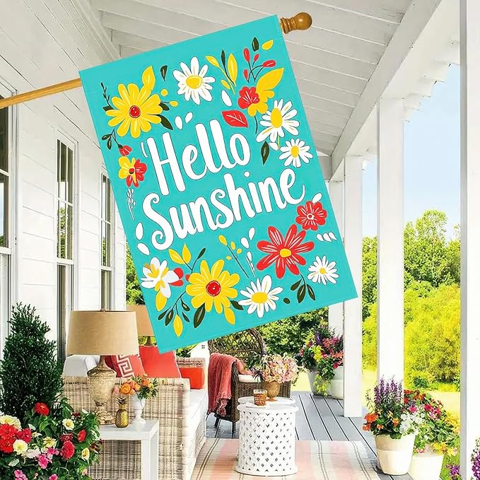 BlissYard Hello Sunshine Summer Garden Flags 12x18 Double Sided Flag Spring Summer Outdoor Decor with Radiant Sun and Sunflower Design Perfect Floral Seasonal Yard Outdoor Flag