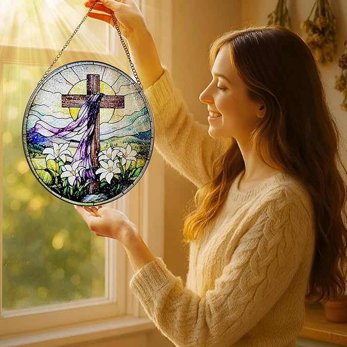 8 Inches Stained Glass Cross Suncatcher, Stained Glass Window Hanging Decor, Religious Cross Ornament, Christian Home Decor, Christian Gift, Religious Gift, Gifts for Christmas