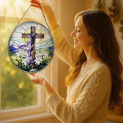 8 Inches Stained Glass Cross Suncatcher, Stained Glass Window Hanging Decor, Religious Cross Ornament, Christian Home Decor, Christian Gift, Religious Gift, Gifts for Christmas
