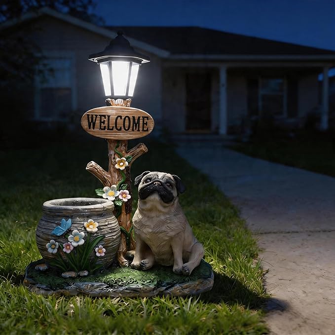 Solar Garden Statue with Planter & Solar Lantern, Outdoor Resin Animal Sculpture, Waterproof Yard Lawn Decor Pot for Succulents, Front Porch Ornament Housewarming Gift (Pug)
