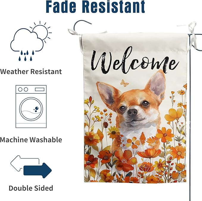 Chihuahua Fall Garden Flag Autumn Dog Yard Sign Orange Floral Thanksgiving Outdoor Banners for Outside 12x18 Double Sided Small Wild Flower Lawn Decorations
