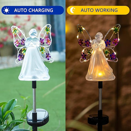 2 Pack Solar Angel Lights, Color Changing & Warm White Dual Glow, Solar Stake Lights with Flower Wings, Waterproof Outdoor Memorial Gifts for Cemetery Grave, Garden Patio Yard Decor for Mom Women