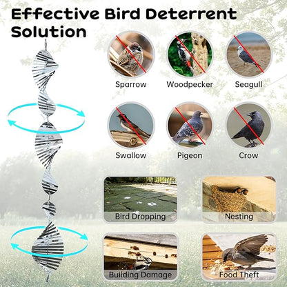 18 Pcs Stainless Steel Bird Deterrents for Outside - 3D Spiral Spinning Windmill Reflective Scare Devices to Keep Birds, Pigeons & Woodpeckers Away from Garden, Yard, Patio, Windows & Fruit Trees