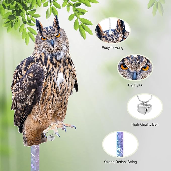 Owls to Keep Birds Away: 4 Pack Fake Owls with Reflective Tape for Garden Patio, Bird Scare Reflective Hanging Decoration to Keep Birds Pigeon from Windows Tree Garden