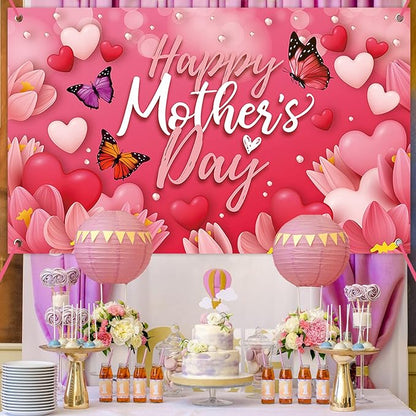 Large Happy Mother's Day Banner Decorations Mothers Day Flag Outdoor 71x44 Inch,Mom Gifts for Indoor Home House Decor Party Supplies,Yard Sign Background for Photography, Red Pink Heart Flowers