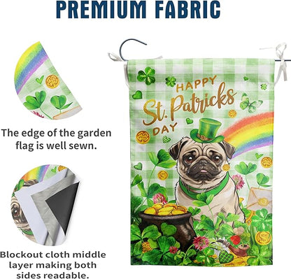 Pug St Patricks Day Garden Flag Dog St Patrick's Day Yard Flags for Outside 12x18 Double Sided Buffalo Plaid Shamrock Flag Small Outdoor Rainbow St Patrick's Decor