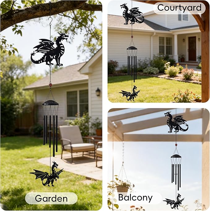 41" Adjustable Dragon Wings Wind Chimes for Outside Large Metal Wind Chime with Deep Tone,Black Matte Finish,Fantasy Outdoor,Indoor Decorative Windchimes,Unique Gift for Dragon Year & Fantasy Lovers