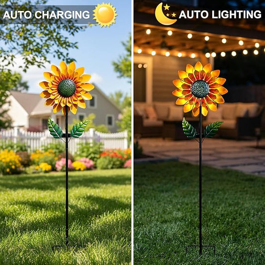 Sunflower Solar Wind Spinners for Yard and Garden - 52" Metal Windmill Ligths with LED Wind Sculptures with Stake for Lawn Patio Decor