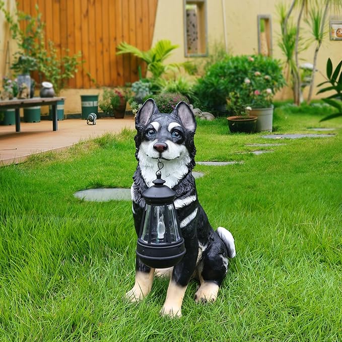 Northern Husky Porch Accent Featuring Solar Lantern & Double-Sided Sign, Sitting Black Husky Garden Statue for Entry Steps & Lawn Edge