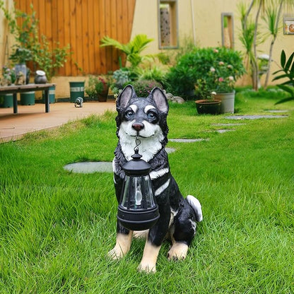 Northern Husky Porch Accent Featuring Solar Lantern & Double-Sided Sign, Sitting Black Husky Garden Statue for Entry Steps & Lawn Edge