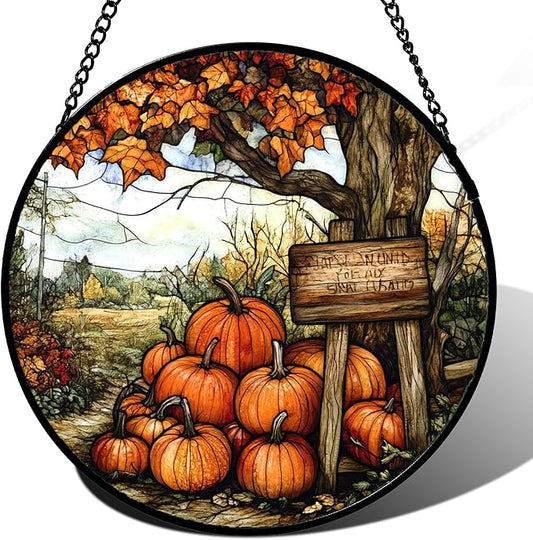 DASTOLL Stained Glass Window Hanging Fall Farm Scenery Maple Trees Pumpkin Large 11.8" - Suncatcher Door Garden Kitchen Sun Catcher Autumn Decor Birthday for Mom Nana Men Woman Friend