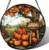 DASTOLL Stained Glass Window Hanging Fall Farm Scenery Maple Trees Pumpkin 9.8" - Suncatcher Door Garden Kitchen Sun Catcher Autumn Decor Birthday for Mom Nana Men Woman Friend