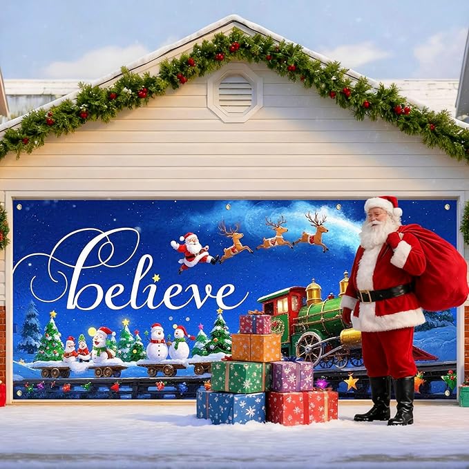 IVN Christmas Garage Door Cover Decoration 13x6ft Night Sky Train Sleigh and Stars Merry Christmas Garage Door Banner Home Door Front Yard Decor for Xmas Eve Holiday Outdoor